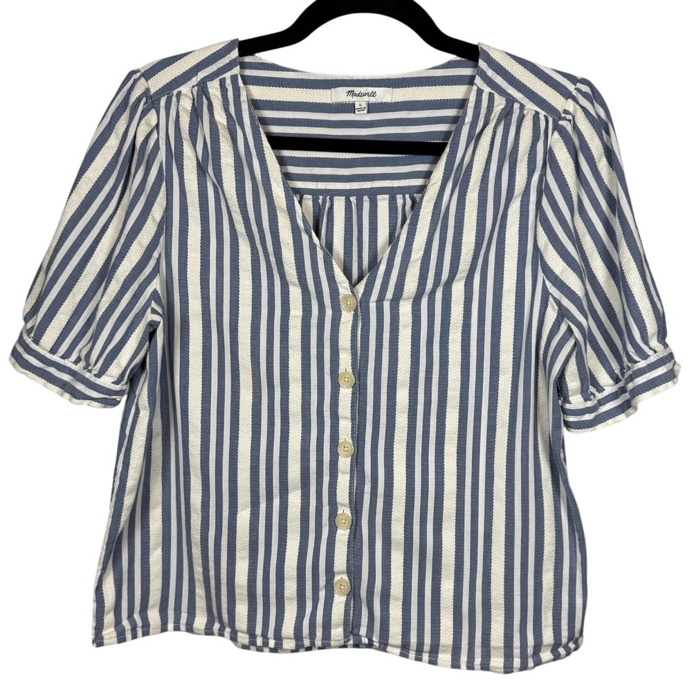 Madewell Blue and White Striped Button-Front Puff Sleeve Blouse